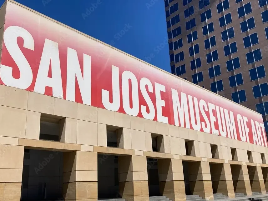 San Jose Museum of Art sign on the facade of a modern and contemporary art museum in downtown - San Jose, California, USA - 2022