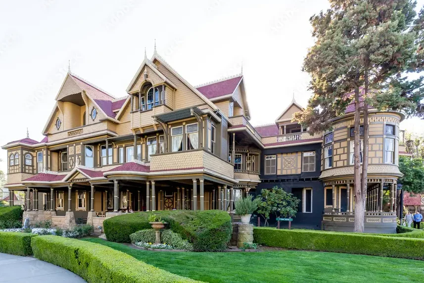 San Jose, California, USA - March 29, 2018: Exterior of Winchester Mystery House. The Winchester Mystery House was once the personal residence of Sarah Winchester.