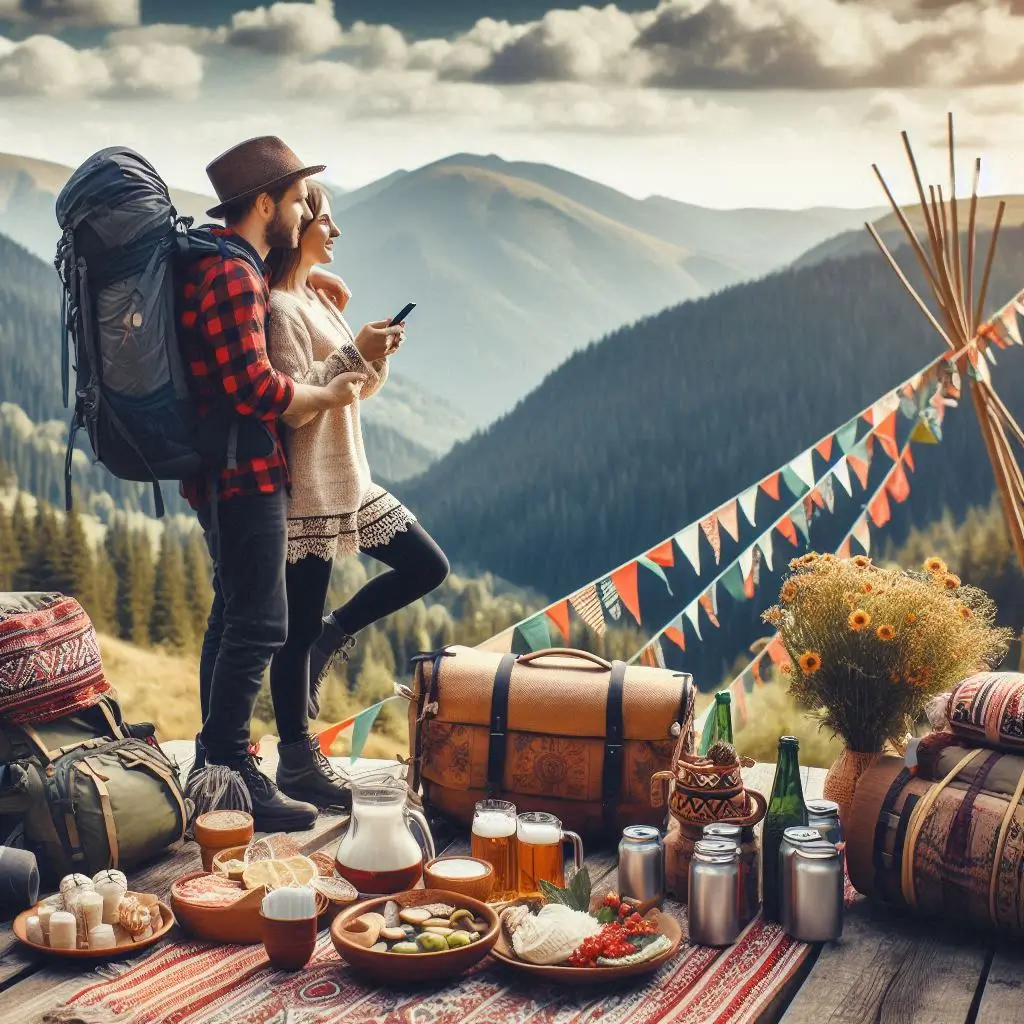 A Man and a Woman Spending a Vacation on the Mountains with camping gear